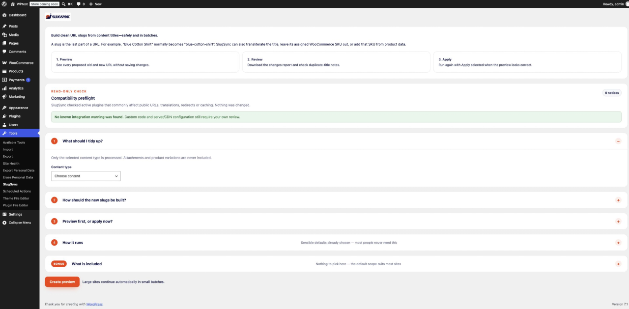 Current SlugSync overview in WordPress with Preview, Review and Apply guidance and the compatibility preflight