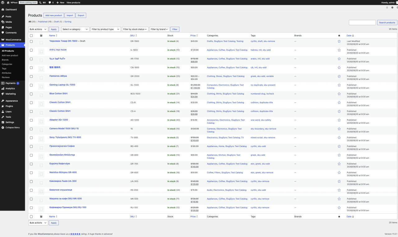 WooCommerce Products list with the 20 products used in the SlugSync multilingual Preview