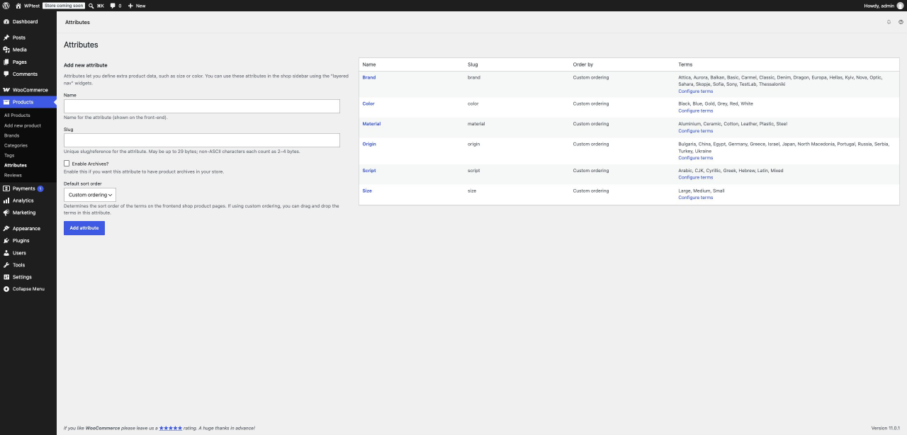 WooCommerce global attributes list showing Brand, Color, Material, Origin, Script and Size