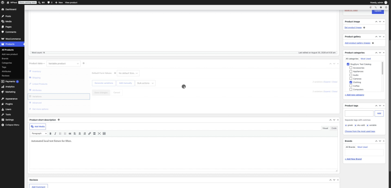 Medium and Small variations of the Greek WooCommerce product, which SlugSync excludes from runs