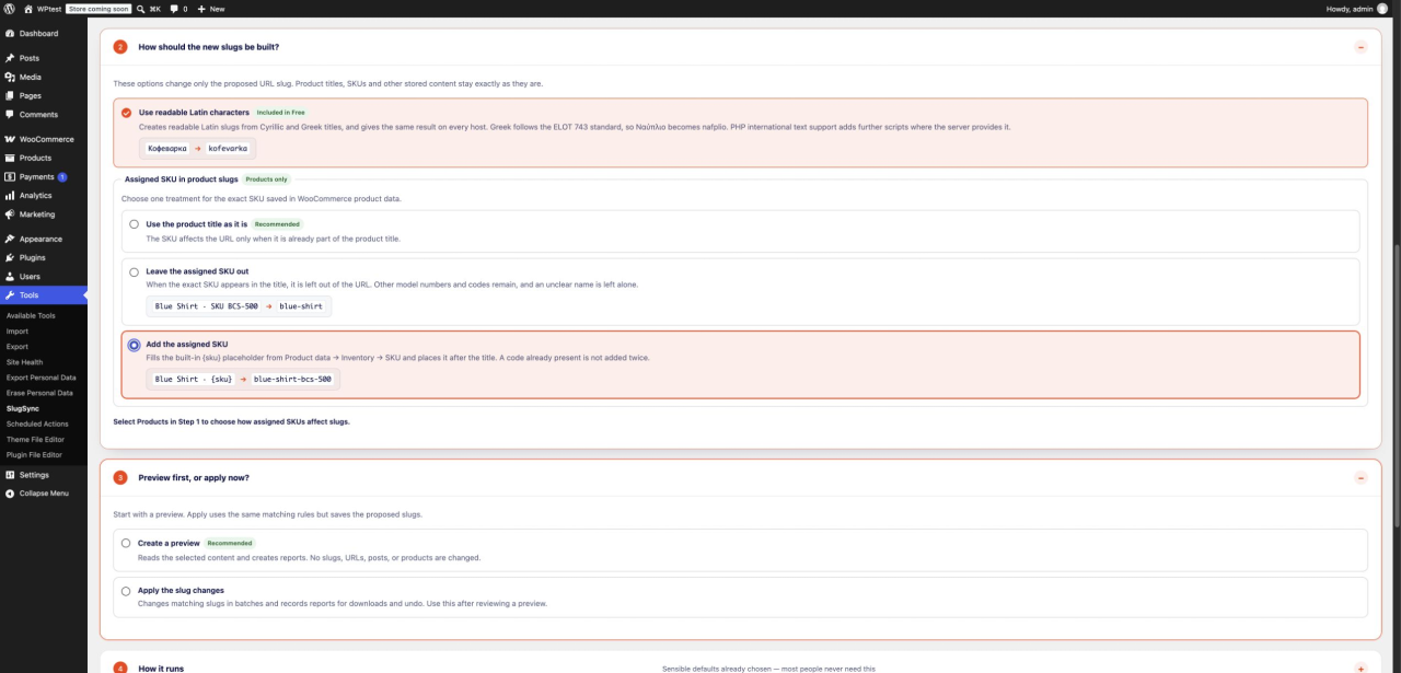 SlugSync product slug options with readable Latin transliteration and all three assigned-SKU modes