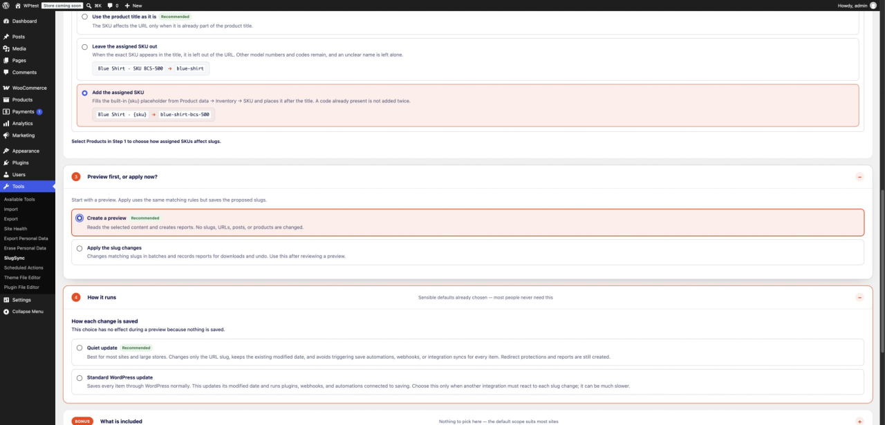 SlugSync action choices with Preview selected and Apply shown separately