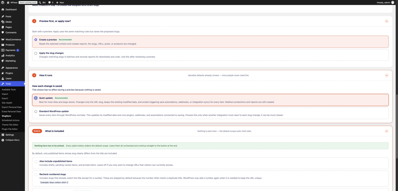 SlugSync quiet update and standard WordPress update choices with their tradeoffs
