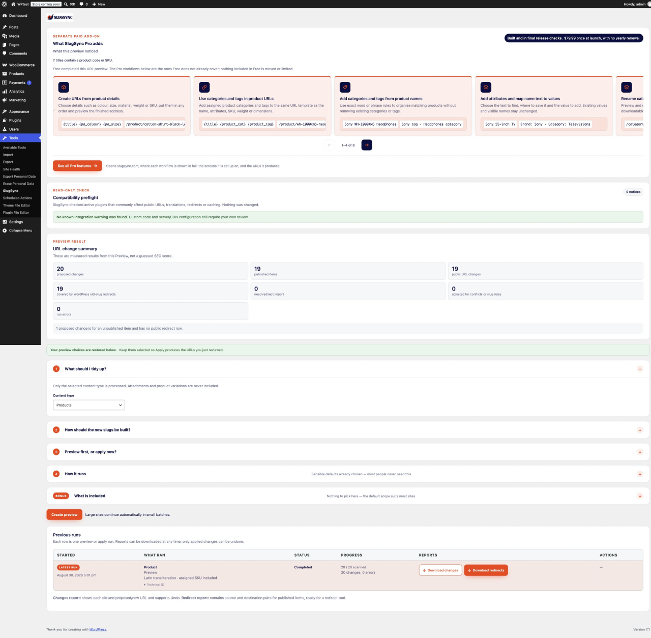 SlugSync URL change summary with measured published URL, redirect, adjustment and error counts
