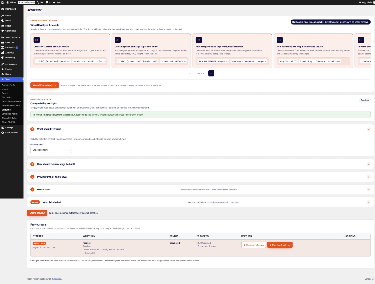 SlugSync Previous runs table with the completed Preview and its changes and redirect report downloads