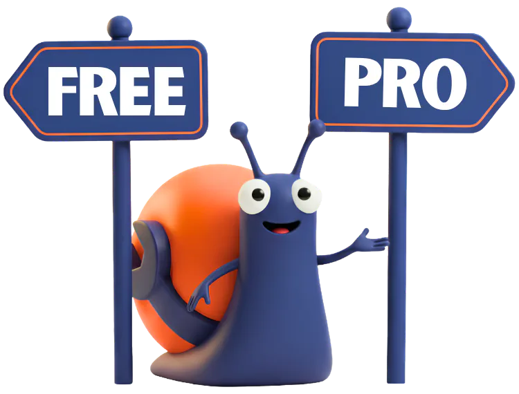 SlugSync mascot standing between Free and Pro signposts