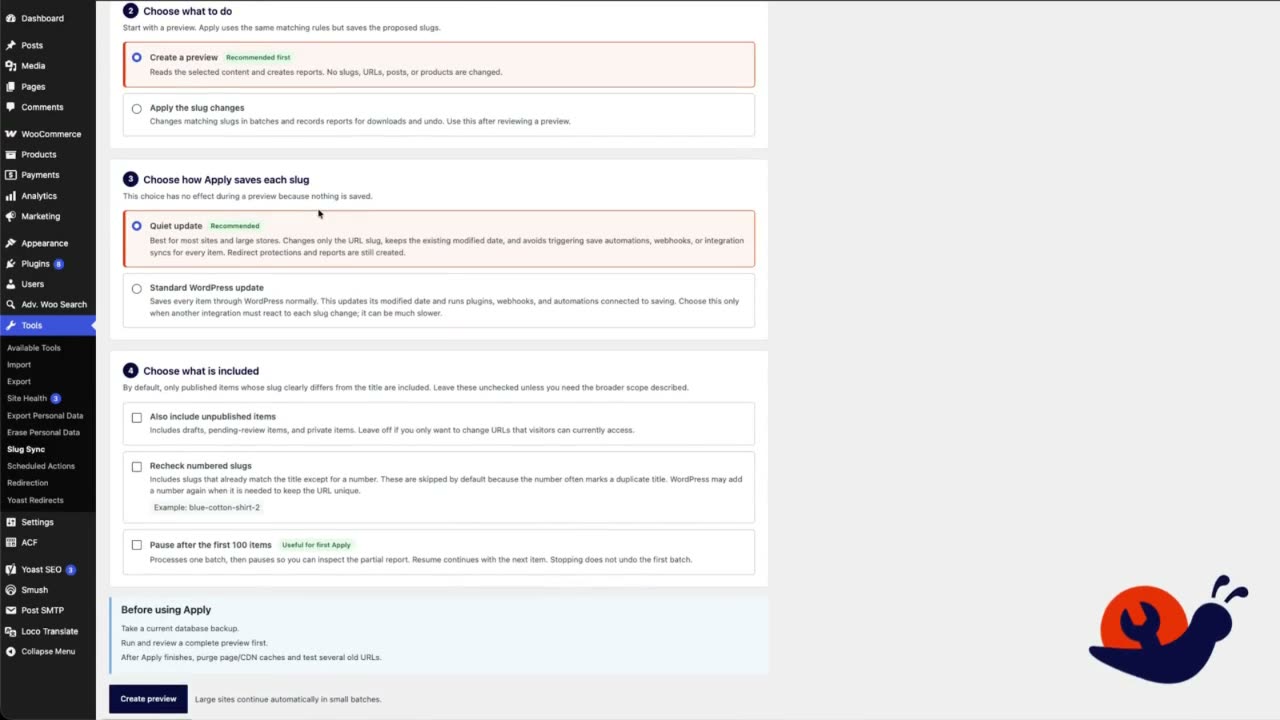 Slug Sync running in the WordPress admin